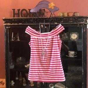 Raspberry striped Lycra top, off shoulder Large